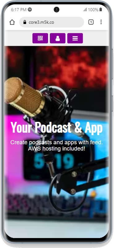 Podcast PWA With Centered Purple Buttons