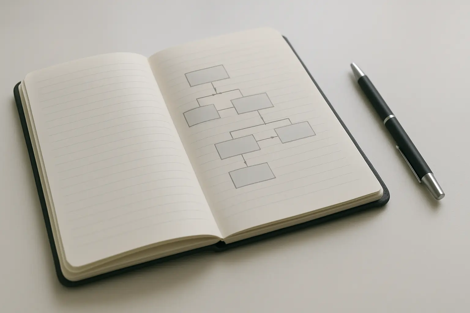 Open workflow notebook with pen on a clean desk, symbolizing a structured and predictable content production process.