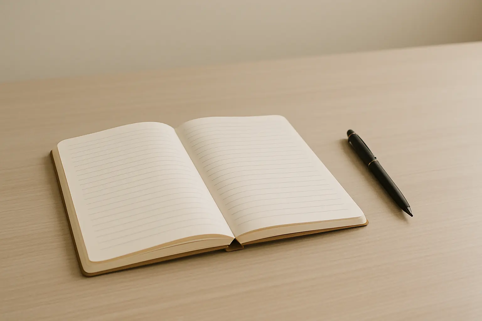 Open notebook and pen on a clean desk, representing clear and organized answers to frequently asked questions.