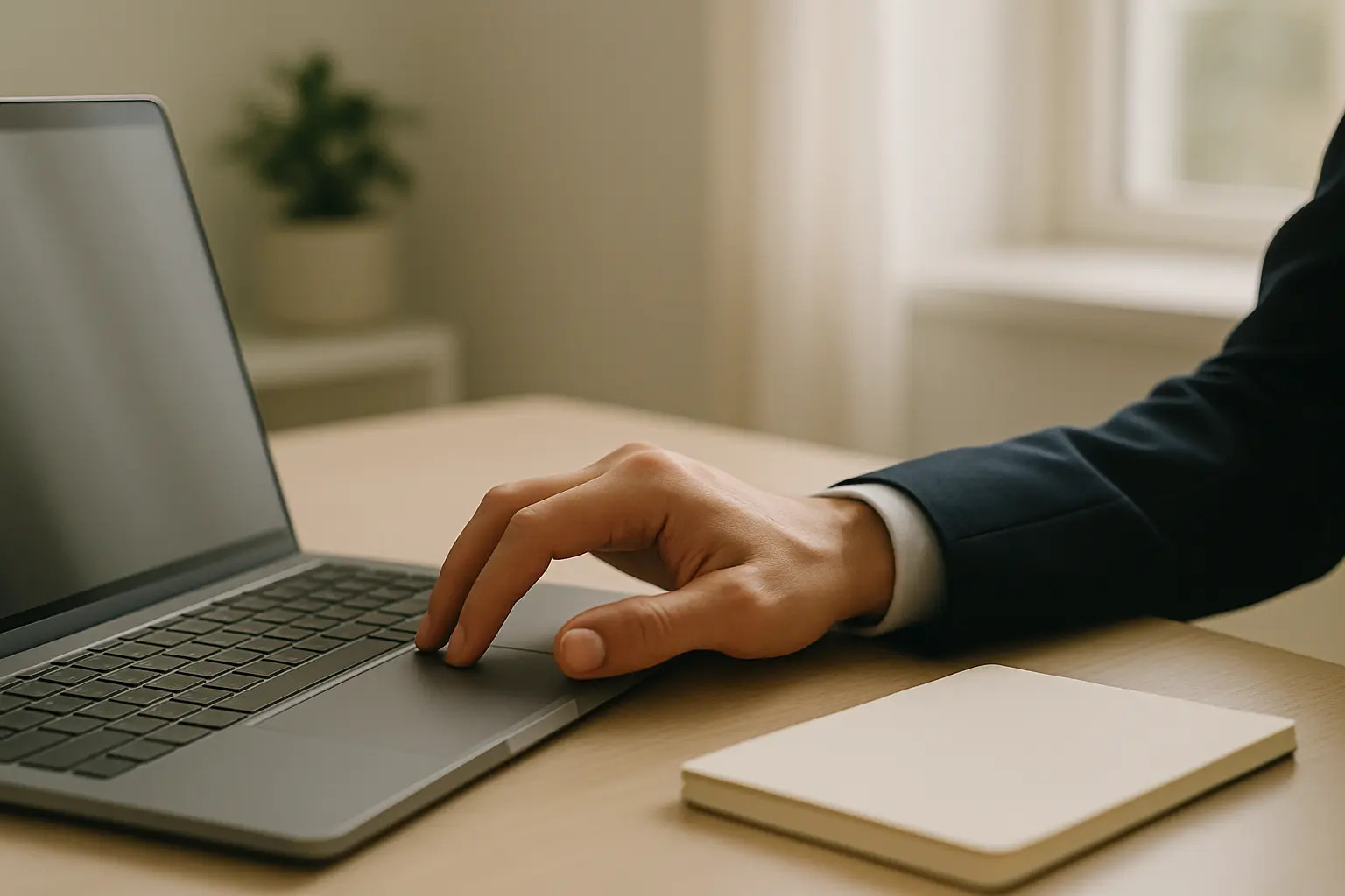Professional hand on a laptop in a clean workspace, symbolizing hiring and project initiation.