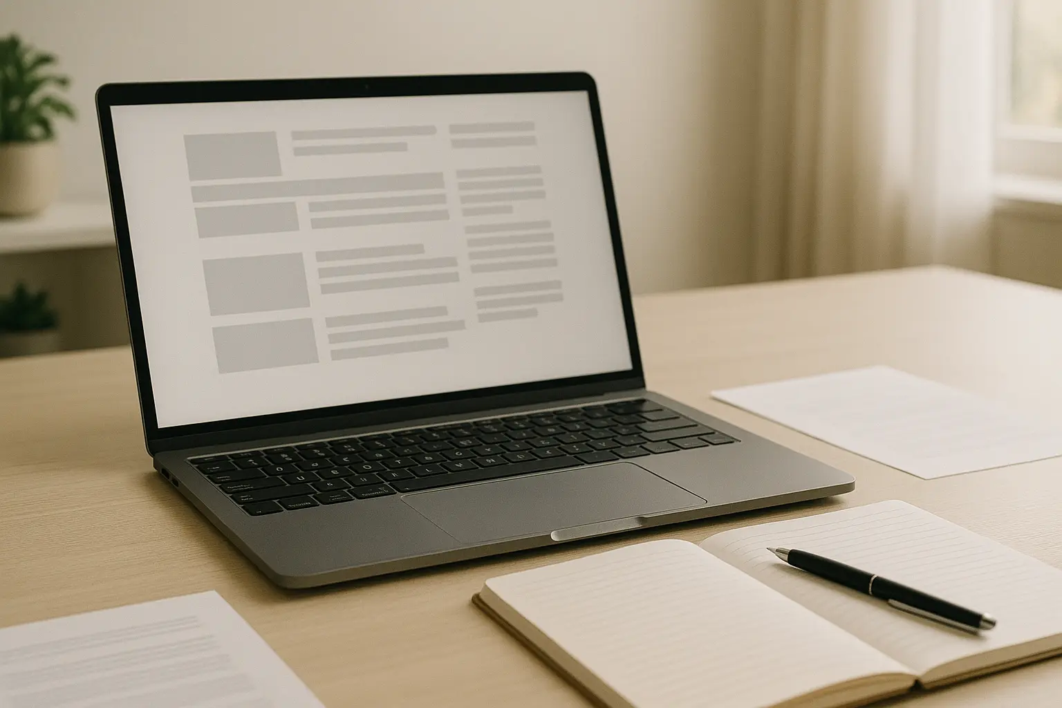 Research workspace with laptop and organized notes, representing SEO and GEO insights and structured content analysis.