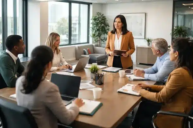 A diverse team meets at a boardroom table while a solo professional stands nearby holding a notebook.